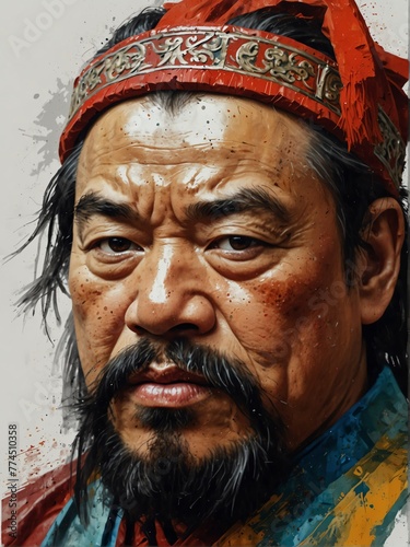 kublai khan portrait oil pallet knife paint painting on canvas with large brush strokes art illustration on plain white background from Generative AI