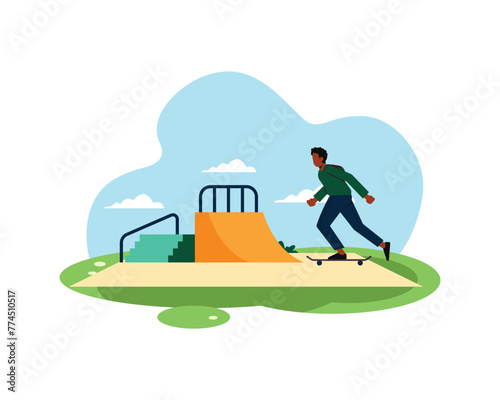 A man playing skateboard at the park. simple flat design for active people in sport and healthy life concept.