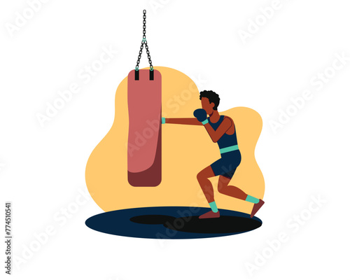 boxer man training with punching bag vector illustration design. Isolated flat design for sport and leisure activities concept