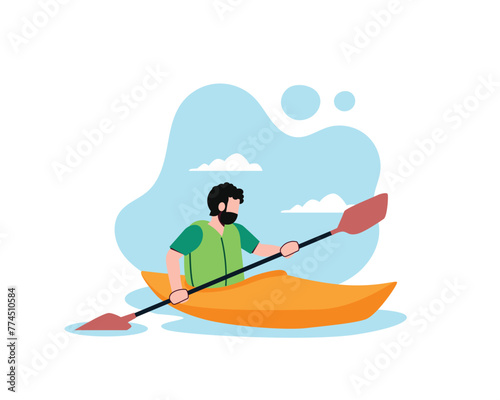 Man rafting in canoe on water, simple blue sky background. Cartoon male sitting in boat, holding paddle and enjoying summer adventure concepts. Vector illustration. Beautiful scenery