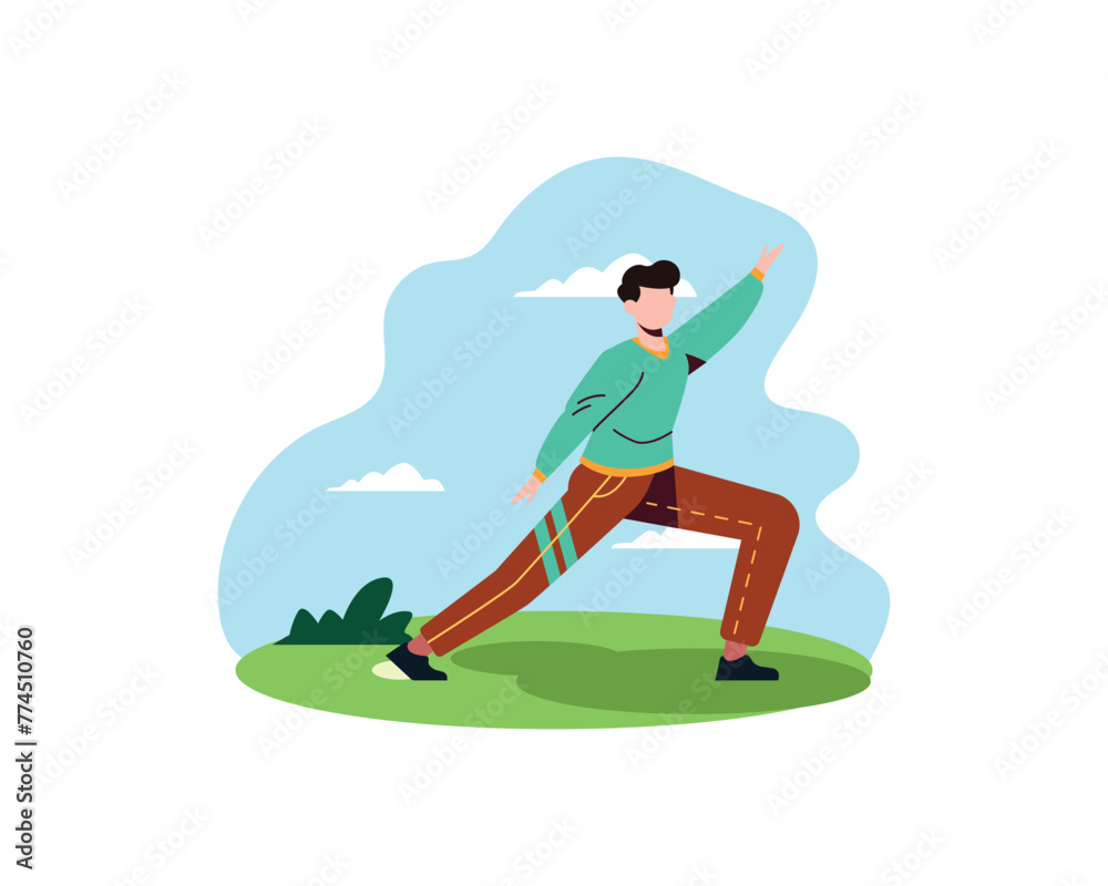 young man practicing yoga in the park. Physical and spiritual practice. Vector illustration in flat cartoon style. young man practicing yoga in the park. Physical and spiritual practice. Vector illustration in flat cartoon style.