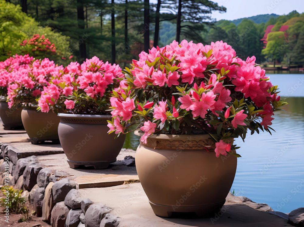  Imagine an elegant display of pink azaleas in large, decorative pots along the edge of West, with water and trees in the background