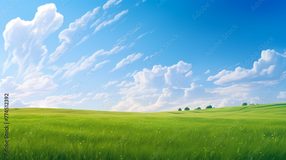 Green grass field and blue sky with white clouds Green grass field and blue sky with white clouds