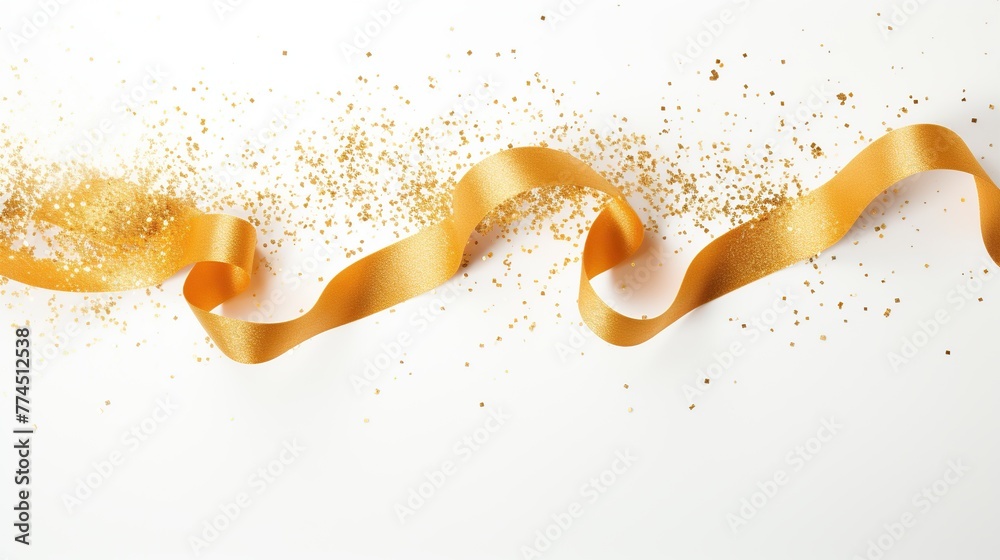 Golden ribbon and glitter on a white background. Holiday and celebrate decoration. Golden ribbon and glitter on a white background. Holiday and celebrate decoration.