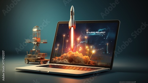 Rocket launch from laptop screen for business start up and target concept.