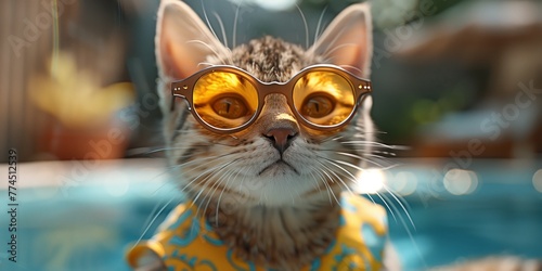 A cat looking cool with sunglasses and a yellow shirt on.