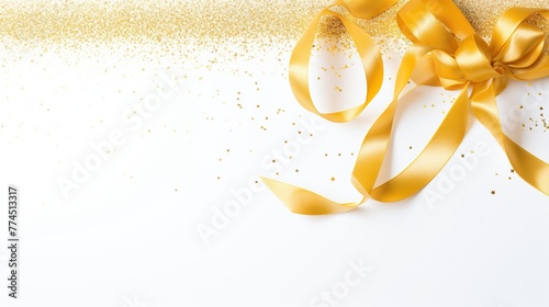 Golden ribbon and glitter on a white background. Holiday and celebrate decoration. © Alpa