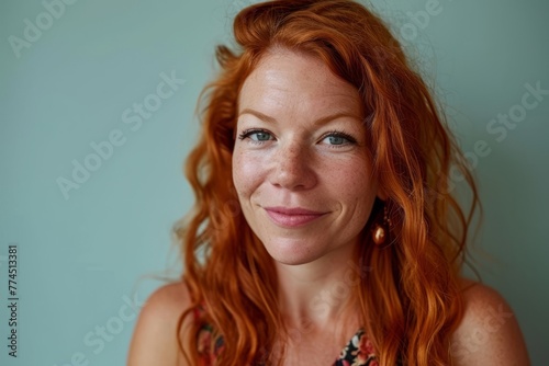 Portrait of a redhead woman with freckles on her face photo