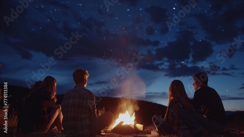 A group of friends sit around a bonfire backs turned towards the camera as they share stories and laughter in the quiet serenity . .