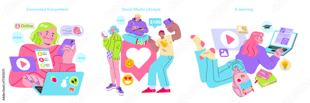 Digital Lifestyle and Learning set. Illustrating modern connectivity, social media interactions, and online education engagement. Embracing virtual life and learning. Vector illustration Digital Lifestyle and Learning set. Illustrating modern connectivity, social media interactions, and online education engagement. Embracing virtual life and learning. Vector illustration