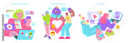 Digital Lifestyle and Learning set. Illustrating modern connectivity, social media interactions, and online education engagement. Embracing virtual life and learning. Vector illustration