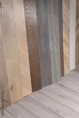 Many different samples of wooden flooring indoors