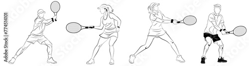 Set of tennis players holding a rackets to hit the ball, drawn in outlines, black on white background