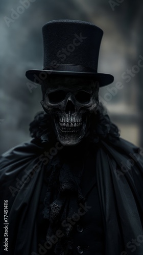 A skeleton dressed in a top hat and cloak, exuding an eerie and mysterious aura.