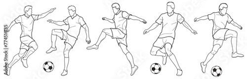 Set of soccer players who run and kick the ball, drawn in outlines, black on white background