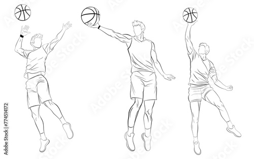 Set of basketball players jumping and throwing the ball, drawn in outlines, black on white background