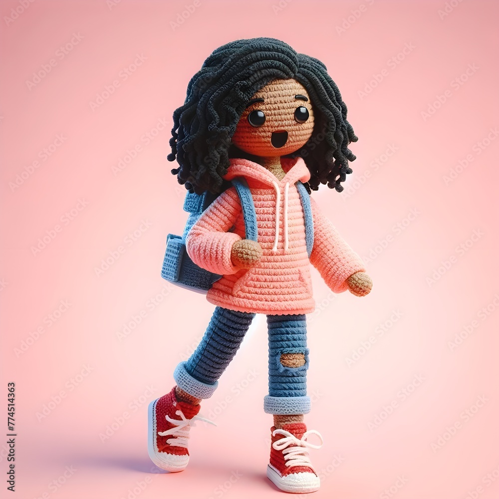 Ai Generated Crochet doll figure Young girl cute excited funny smiling with backpack wears casual fashion clothes, hoodie, jeans, sneakers, is standing. 3d render Ai Generated Crochet doll figure Young girl cute excited funny smiling with backpack wears casual fashion clothes, hoodie, jeans, sneakers, is standing. 3d render