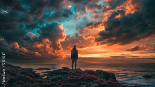 Man standing on a rock looking at the sunset over the ocean.