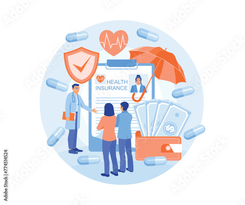 Doctors offer health insurance to patients. Plan health savings for the future. Health Insurance concept. Flat vector illustration.