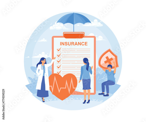 Doctors provide health and life insurance services. Invite patients to fill out health insurance forms. Health Insurance concept. Flat vector illustration.