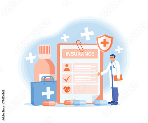Health insurance and modern medicine documents. Doctors provide health services and life insurance. Health Insurance concept. Flat vector illustration.