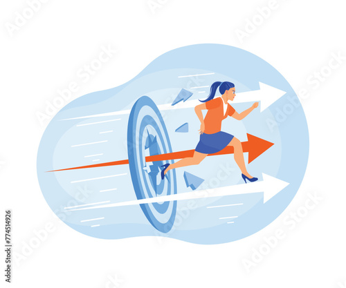 Businesswoman running through target board. Women are rushing towards success. Business Target concept. Flat vector illustration.