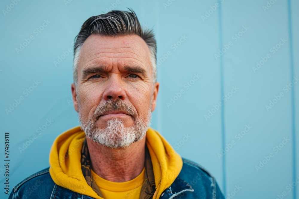 Portrait of senior man with gray beard and mustache, wearing denim jacket and yellow scarf, standing against blue wooden wall Portrait of senior man with gray beard and mustache, wearing denim jacket and yellow scarf, standing against blue wooden wall