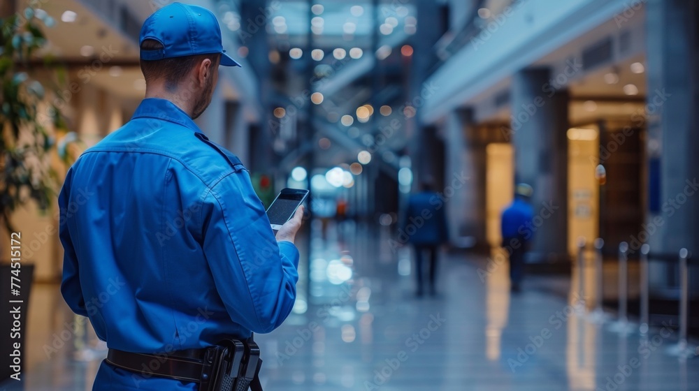 A man in a crisp blue uniform stands off to the side attention focused on phone as monitors the buildings security cameras . . A man in a crisp blue uniform stands off to the side attention focused on phone as monitors the buildings security cameras . .