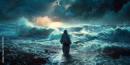 Jesus Walking on Water Jesus' Journey Across Troubled Waters ,Jesus' Miraculous Water Crossing photo