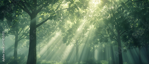 The sun s rays filter through the trees in a foggy forest  creating a magical natural landscape with misty surroundings.