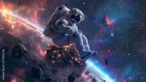 astronaut sitting on a moving rocket in space with stars background in high resolution and high quality hd © Marco