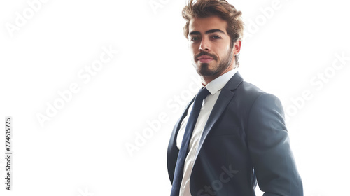 smart and confident buisness man in an elegant fashion blue suit and tie isolated in white backgrounde with copy space photo