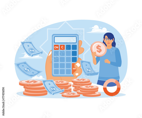 Female accountant analyzes finances. Calculate income and taxes. Accounting concepts. Flat vector illustration.