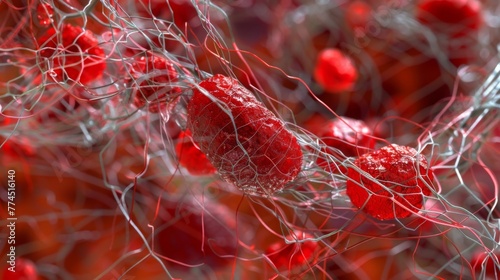 A macro shot of a clot forming with the meshlike structures of fibrin fibers and platelets visible. Red cells can also be seen getting photo