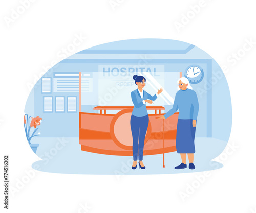 A grandmother visits the hospital. The receptionist provides information to the patient. Hospital Receptionist concept. Flat vector illustration.