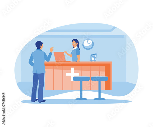 The man at the hospital reception desk. Ask questions to the hospital admissions office. Hospital receptionist concept. Flat vector illustration.