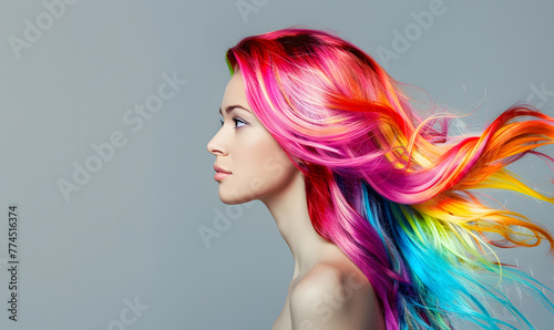 Female portrait on black with colorful or colourful hair