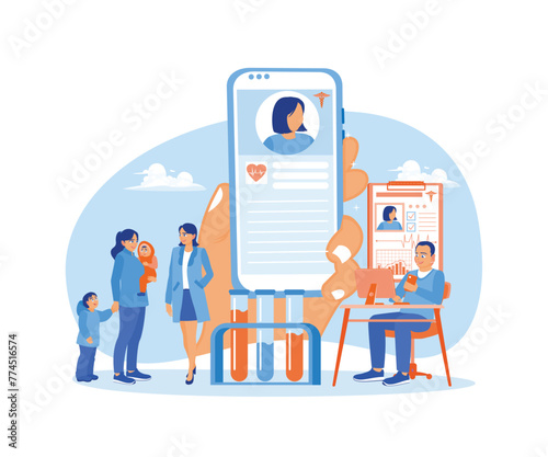 Electronic health records. Doctors help patients create online health records. Electronic Healthcare concept. Flat vector illustration.