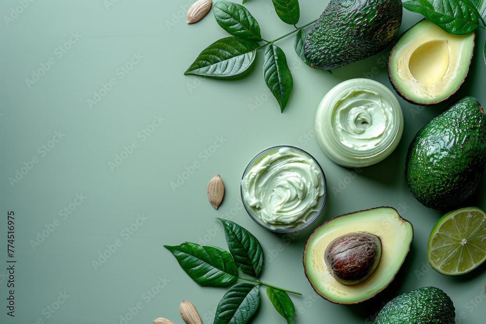 a jar of facial cream and cut avocados against a light green background,generative ai - obrazy, fototapety, plakaty 