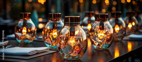 portait Decorative style light bulbs in glass cafe at night © GoDress