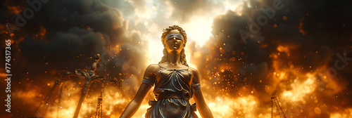 close up of a burning torch, Themis, Goddess of Law and Justice with Ancient Books