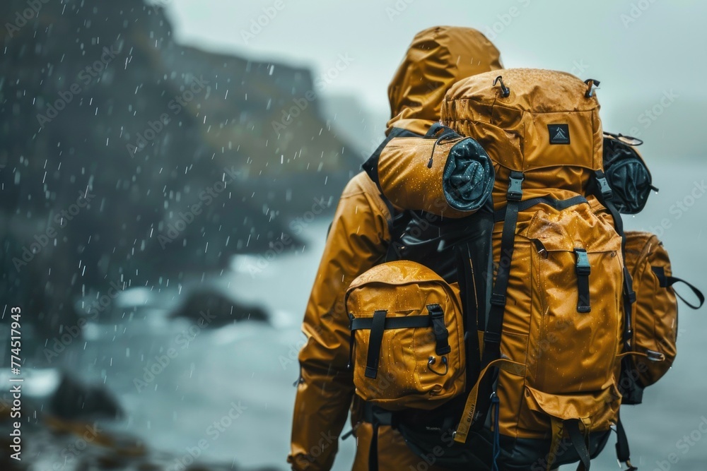 A lineup of modern outdoor gear designed for adventurers braving the rugged Nordic landscape embodies the spirit of exploration and resilience. - obrazy, fototapety, plakaty 
