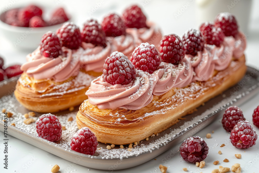 Eclairs with raspberry cream on a white background,generative ai Eclairs with raspberry cream on a white background,generative ai