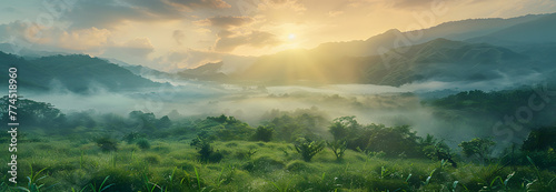 Beautiful panoramic landscape of a green hills at sunset