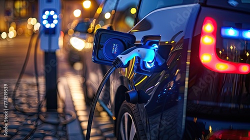 Electric car charging at a station with city lights at night