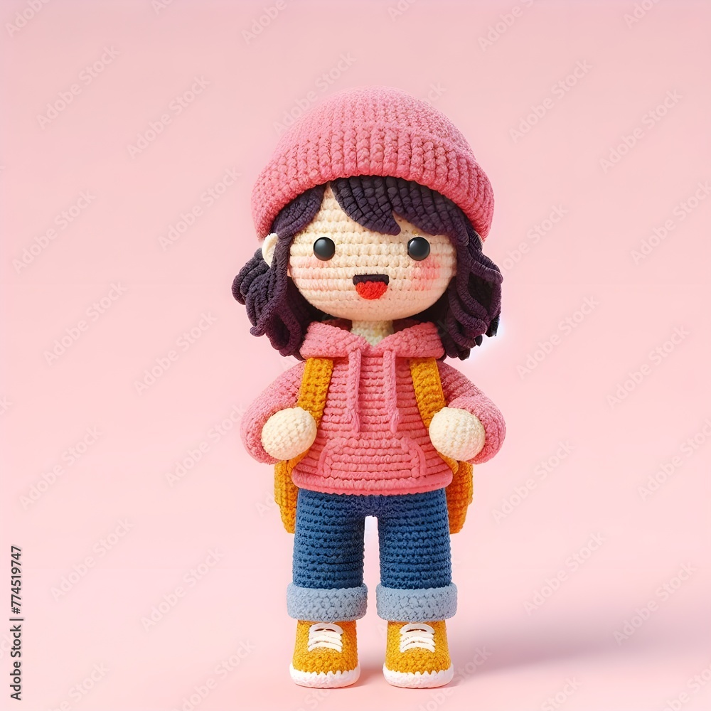 Ai Generated Crochet doll figure Young girl cute excited funny smiling with backpack wears casual fashion clothes, hoodie, jeans, sneakers, is standing. 3d render Ai Generated Crochet doll figure Young girl cute excited funny smiling with backpack wears casual fashion clothes, hoodie, jeans, sneakers, is standing. 3d render