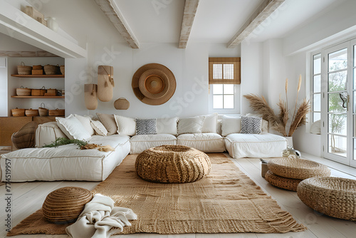 Stylish cozy contemporary design of modern apartment in Scandinavian style white and wood colors, knitted and straw elements and dried flowers