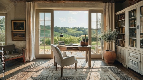 A serene home office retreat bathed in soft morning light, with a rustic wooden desk, comfortable armchair, and panoramic views of rolling hills and countryside scenery through French windows. © ishtiaaq