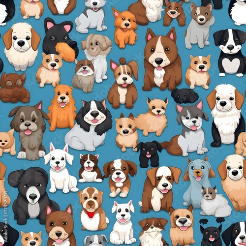Seamless pattern of digital paper cute puppies of lots of different breeds