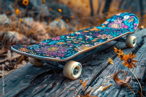 Skateboard with floral pattern on aged wood, surrounded by orange wildflowers